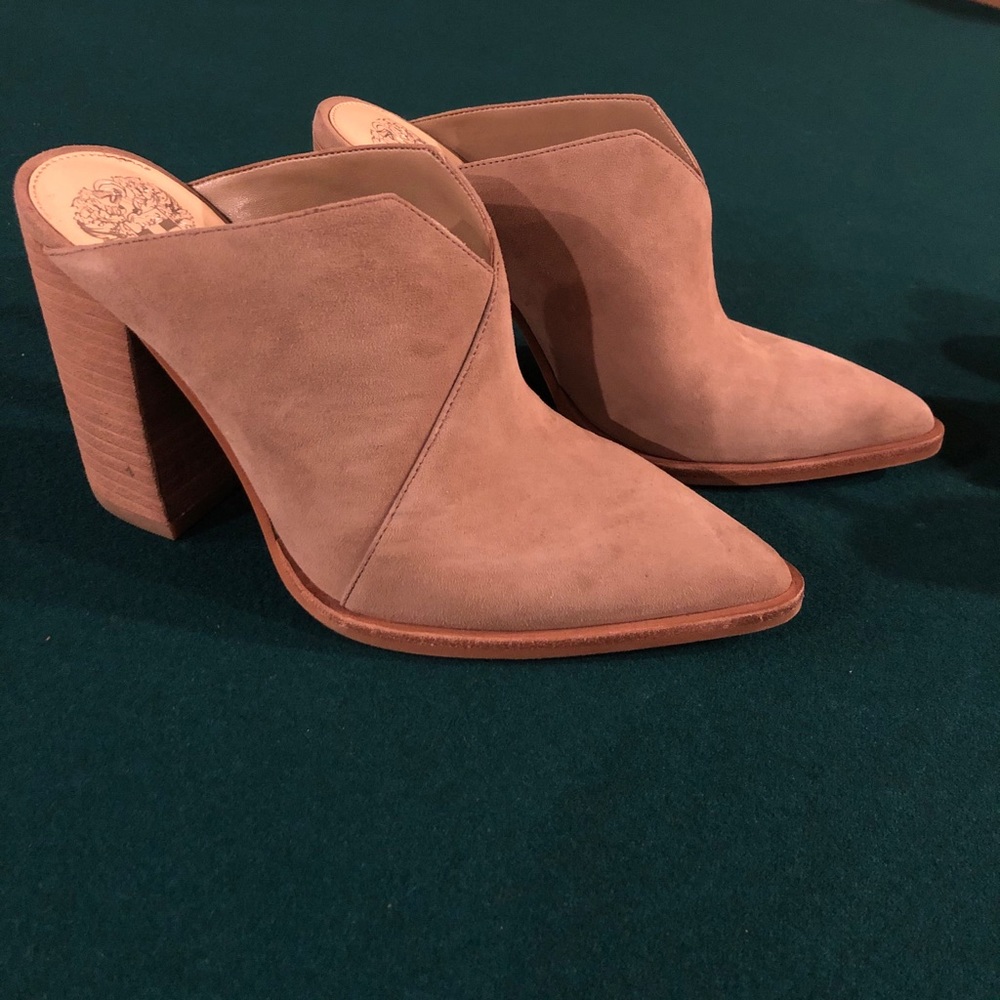 Suede pointed block heel clogs by Vince Camuto